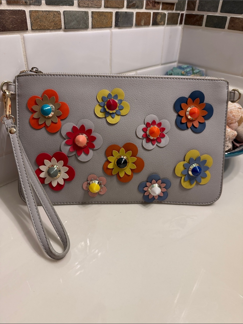 Gray Floral Appliqué Large Clutch - Multicolor Accents